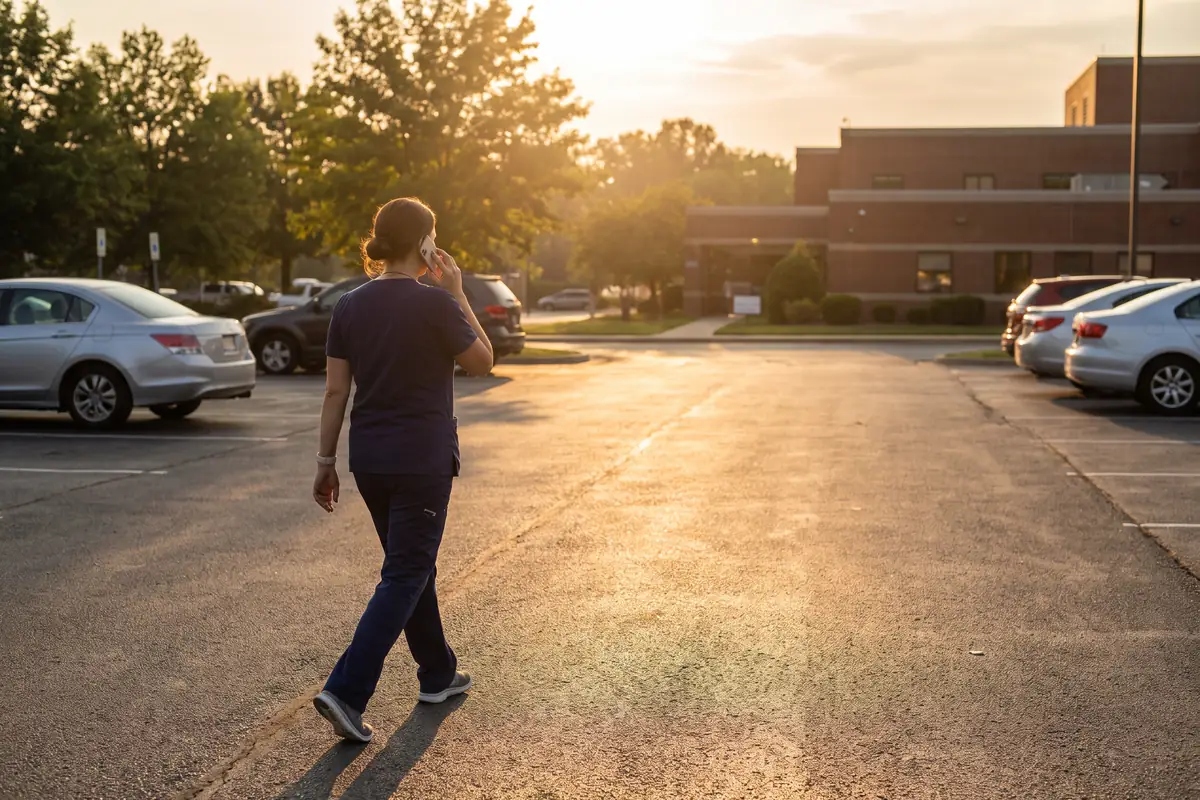 A nurse in scrubs walks across a parking lot after her shift, on a phone call.