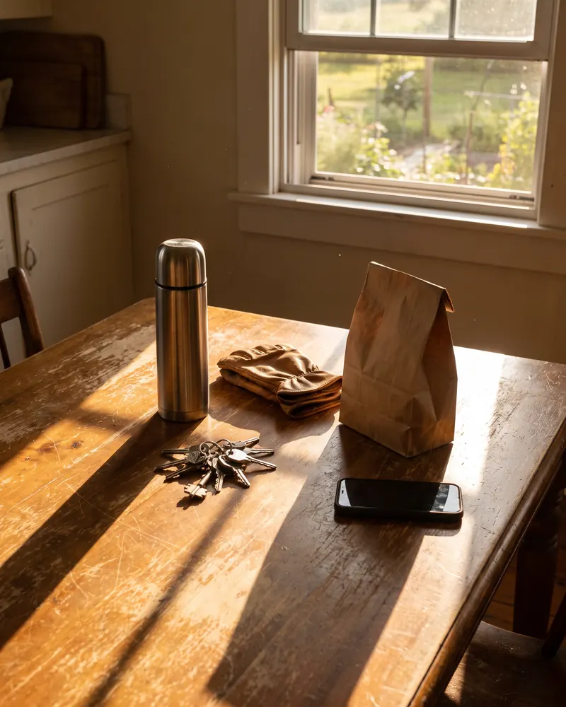 Morning light across a kitchen table: a thermos, keys, work gloves and a packed lunch.