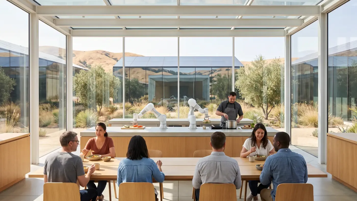Dining hall and teaching kitchen.