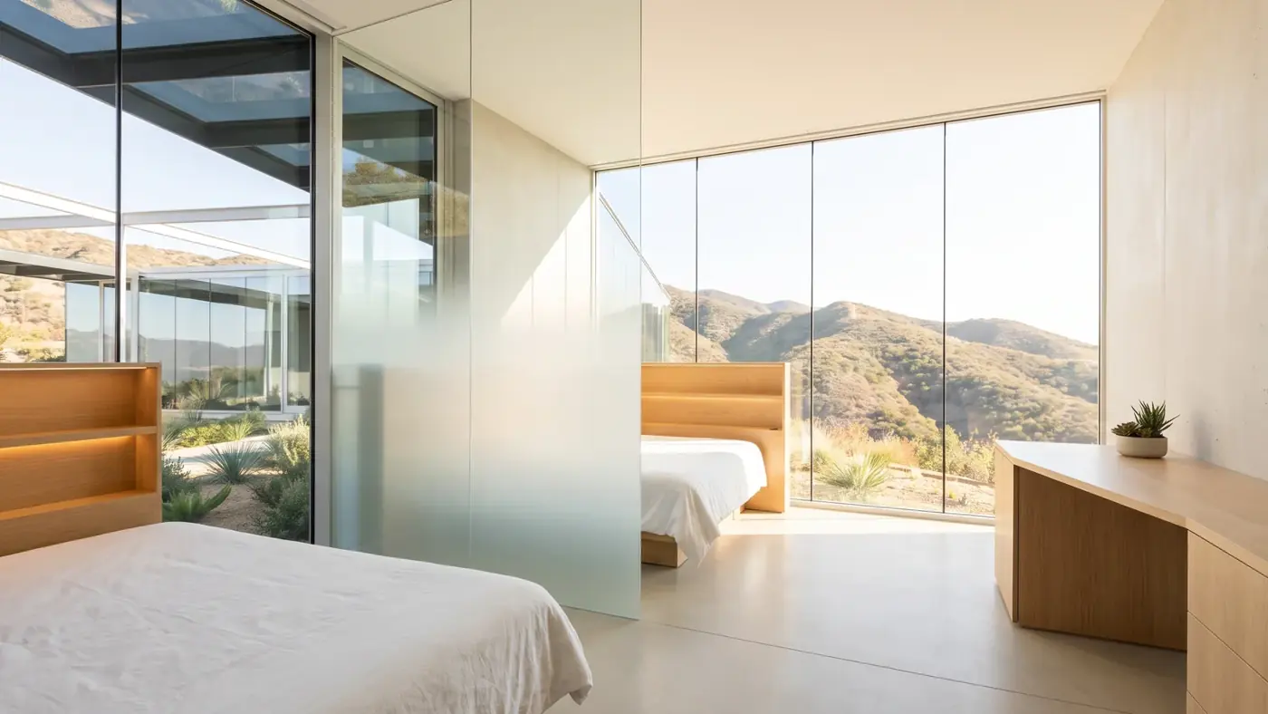 A bedroom, with a window to the land.